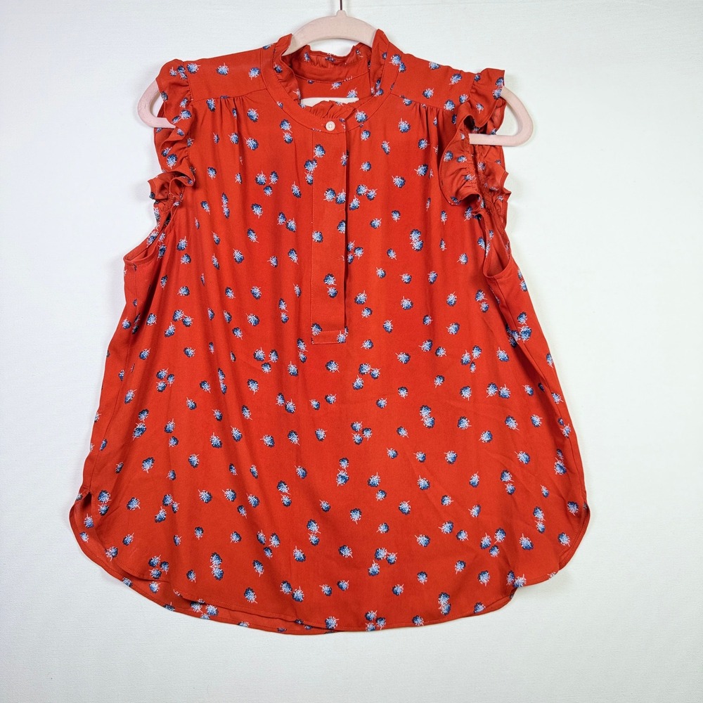LOFT Orange Floral Ruffle Sleeveless Henley Blouse Size LP